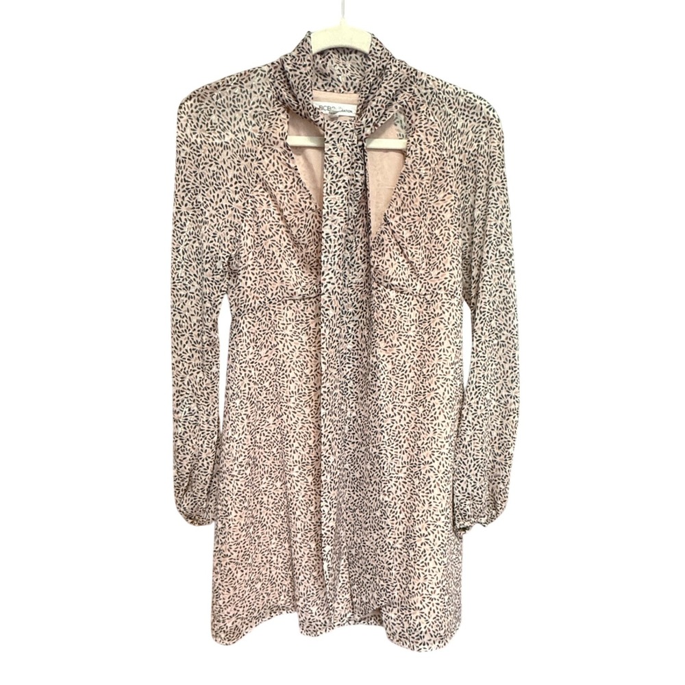 BCBGeneration Mini Dress‎ Tie Neck Metallic Print XS Pink Excellent Long Sleeve